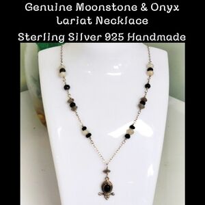 925 MOONSTONE & ONYX NECKLACE 18.5" Handmade Sterling Silver.